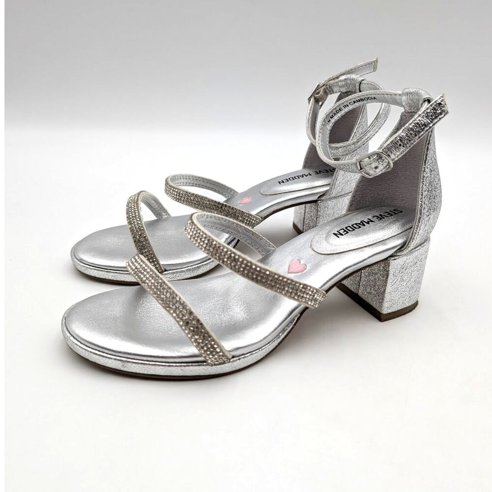 Steve Madden JSizzle Ankle Strap Block Heel Sandals Girls Silver Size US1M